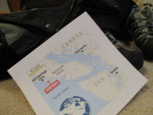 Rain jacket and Keens--essential gear for a winter trip to Tofino